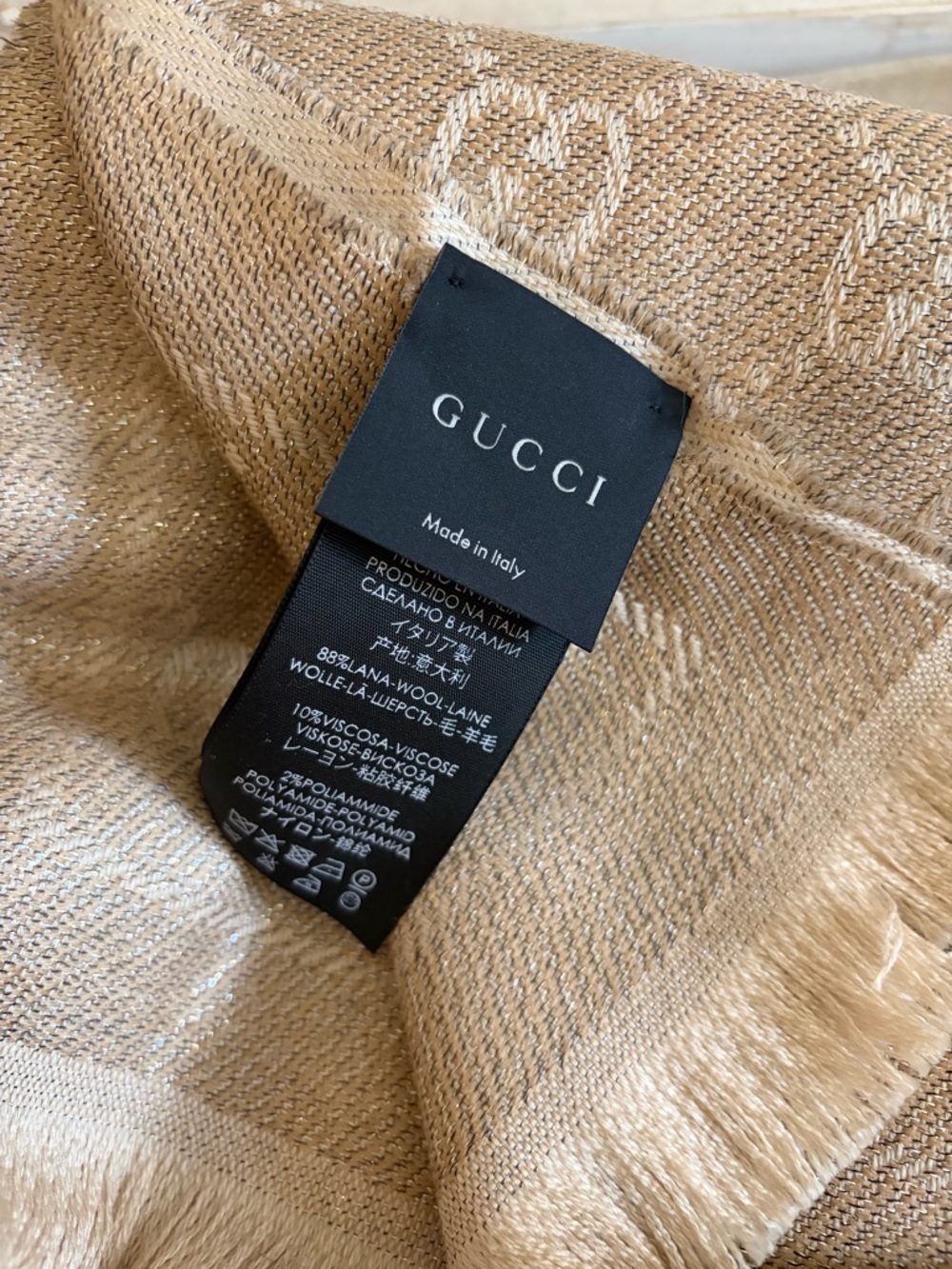 Gucci Beige Tan Signature Wool-Blend Scarf